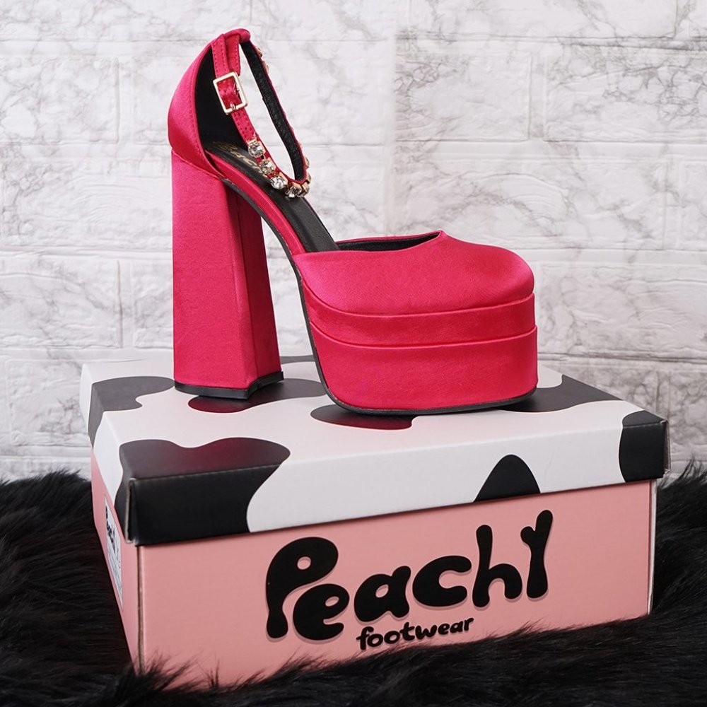 Fuchsia Satin Rhinestone Platform Mary Janes Heels Pumps Aevitas